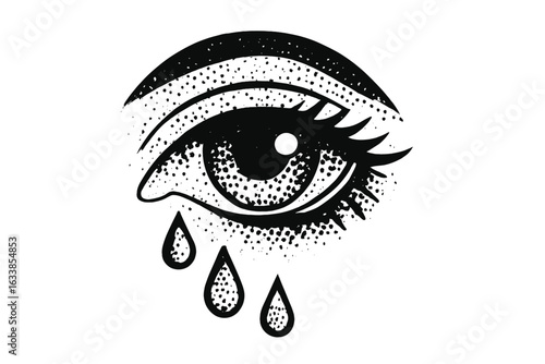 Crying eye halftone vector illustration. Tear drops. Emotional grief sadness symbol. Watercolor style, distressed ink, stipple, distress texture. Expressive art. Depression sadness. Detailed artwork.