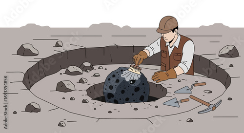 Cartoon Scientist Unearths and Cleans a Mysterious Asteroid in a Rocky Excavation Site