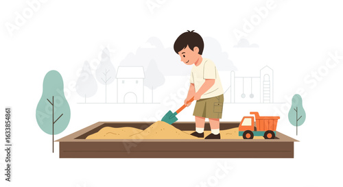 Boy Playing In Sandbox With Shovel And Toy Truck Outdoors During Sunny Day