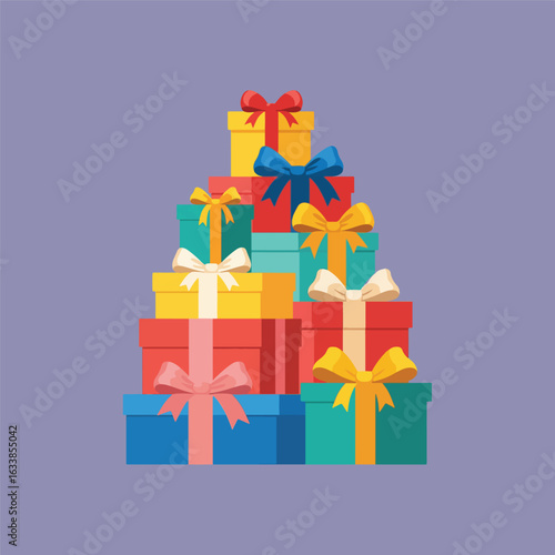 Stack of ten presents in different colors with bows arranged in a pyramid on a light purple background; gifts, celebrations, occasions.