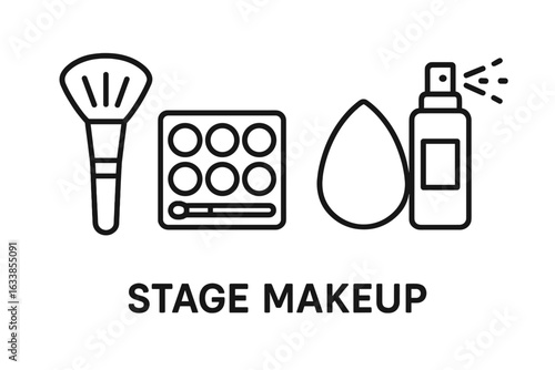 Stage makeup tools outline icon set. Powder brush, face paint palette, blending sponge, makeup setting spray. Theater cosmetics, professional beauty, backstage essentials vector illustration.