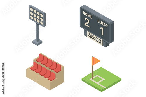 Isometric stadium icon set with broadcast floodlights, digital scoreboard, spectator grandstand, and soccer field corner flag. Vector illustration sports infrastructure and arena elements.