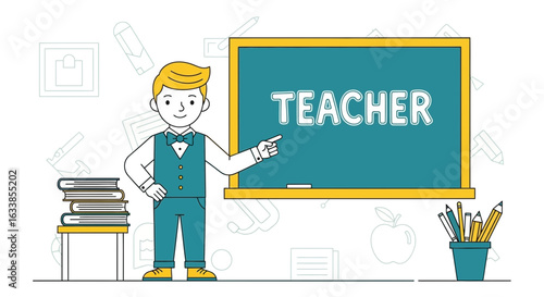 Cartoon Teacher Character Pointing to Chalkboard for Educational Purposes