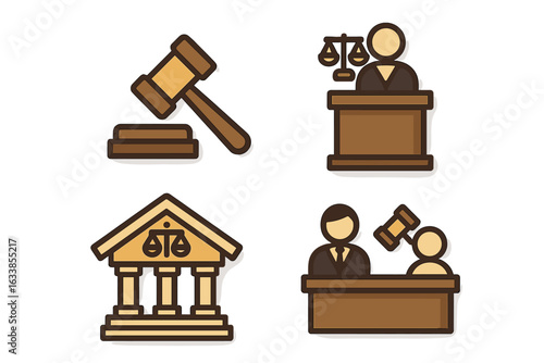 Isometric State Judiciary Icon Set. Legal Gavel, Justice Scales, Court Building Symbol, Judge and Lawyer at Trial Podium, Courtroom Law Illustration, State-Controlled Legal System Graphic Pack