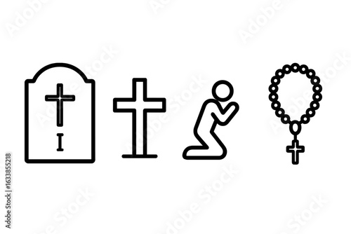 Stations of the Cross Outline Icon Set, Christian Symbol Collection with Cross, Grave Marker, Kneeling Prayer Figure, Rosary Beads, Catholic Religious Pilgrimage, Vector Illustration