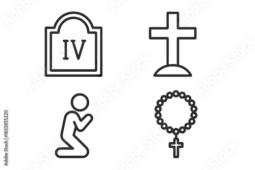 Stations of the Cross Outline Icons Set. Christian Religion Symbol Collection. Roman Numeral Plaque, Cross Marker, Praying Pilgrim, Rosary Beads. Catholic Faith Holy Week Vector Art