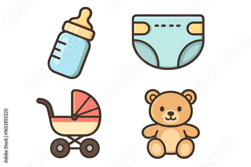 Cute vector baby icons set. Colorful cartoon illustrations of baby bottle, diaper, stroller, teddy bear. Childcare and nursery essentials. Newborn care symbols. Pediatric newborn objects collection.