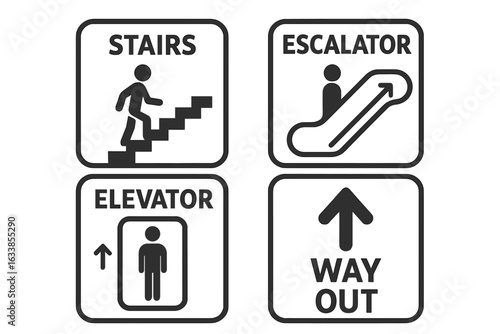 Stair, Escalator, Elevator, Way Out Icons. Navigation Signs for Public Spaces, Hospitals, Airports. Directional Vector Illustration, Entrance Exit Symbols, Up Arrow, Accessibility, Transport Facility
