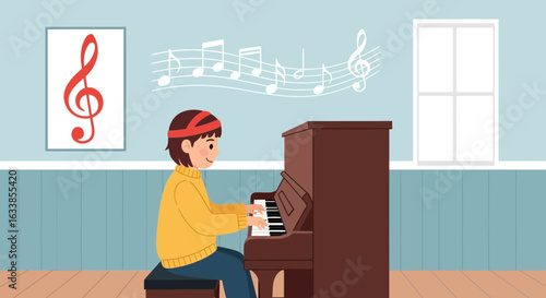 Boy Plays Piano In A Room With Musical Notes And Window
