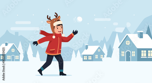 Boy Plays Snowball Fight Wearing Reindeer Hat During Winter Season