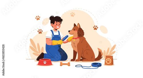 Cartoon Woman Grooming A Dog For Pet Adoption Services Illustration Concept