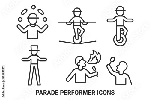 Parade Performer Icon Set. Circus Juggler, Tightrope Walker, Unicyclist, Stilt Walker, Fire Eater, Entertainer. Street Festival, Carnival, Parade Entertainers, Simple Line Art, Vector Illustration