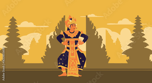 Balinese Dancer Performing Traditional Dance In Front Of Temple Gates