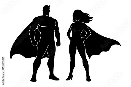 Superhero silhouettes set. Male and female hero in cape. Powerful standing pose. Comic book character icons. Teamwork, power, leadership, strength. Vector illustration isolated on white background