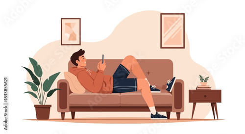 Casual Man Relaxing On Couch With Mobile Phone At Home Illustration