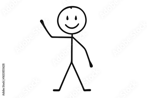 Hand drawn stick figure man waving greeting, simple black line doodle cartoon character, smiling happy face, minimalistic people sketch illustration, transparent background, isolated vector concept