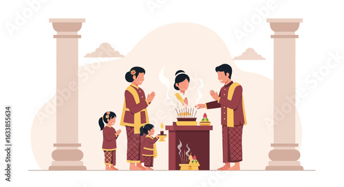Balinese Family Praying And Offering Together In A Traditional Temple