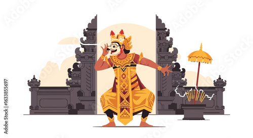 Balinese Topeng Performance Dancer Presenting Tradition Behind Ornate Gate