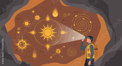 Cave Explorer Illuminating Ancient Celestial Symbols In Rocky Cavern