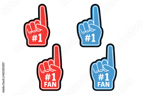 Set of red and blue foam finger hands, number one fan, sports supporter, vector illustration, isolated on transparent background, cheering crowd, team spirit, sports event icons, fan memorabilia