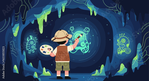 Cave Explorer Paints Ancient Alien Glyphs on Underground Rock Walls Illustration