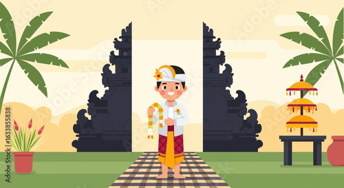 Balinese Young Boy Celebrating Tradition Cultural Ceremonies And Temple Landscape