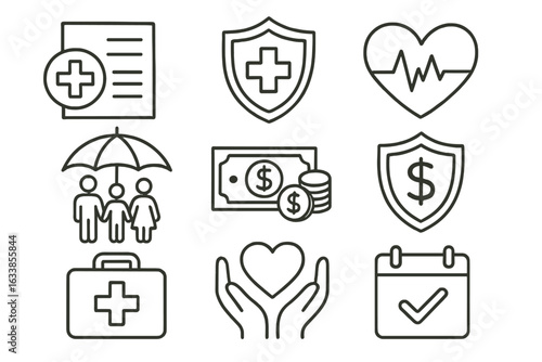 Health insurance coverage and financial protection vector icon set. Hand-drawn medical shield, heart, family safety, money, first aid kit, and calendar for healthcare security concept illustration.