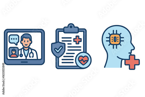 Telemedicine and Digital Healthcare Technology Icons Vector—Online Medical Consultation, Health Records, Artificial Intelligence in Medicine, Electronic Chart, Innovation, Remote Patient Monitoring