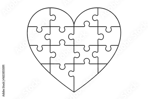 Heart shaped jigsaw puzzle pieces vector illustration. Love connection, romantic symbol, togetherness, unity metaphor. Black outline heart puzzle template. Relationship, partnership, bonding concept
