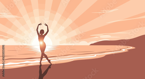 Ballerina Silhouette Embracing Sunrise Harmony on a Serene Beach Escape