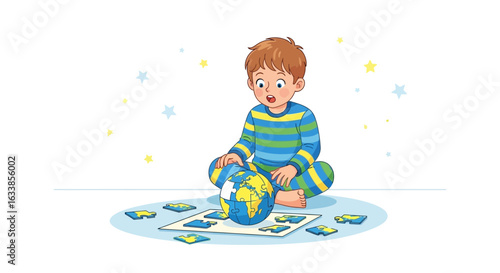 Boy Puzzled While Playing With Globe Jigsaw Puzzle On Floor At Home