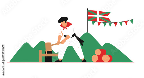 Basque Country Traditional Rural Sport Wood Chopping Competition Demonstration