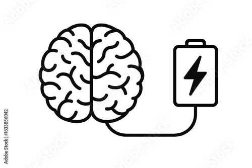 Brain charging concept vector illustration, artificial intelligence neural energy, mental power boost, brain activity, electric battery connected, creativity, intelligence, human mind, motivation