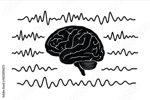 Human brain waves vector illustration. EEG medical science brainwave pattern. Mind activity, neural electricity, alpha beta theta delta waves. Neuroscience mental health diagnostic graphic.