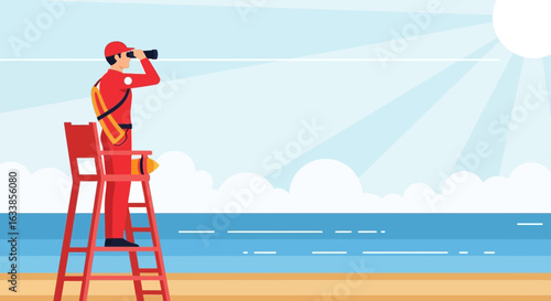 Beach Lifeguard Keeping Watch On Sunny Day From His Lookout Post Vector
