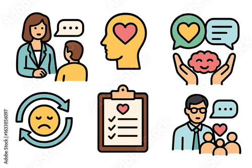 Mental health therapy and emotional support vector icons set. Counseling, psychological care, empathy, checklist, positive communication, mood management, mental wellness therapy symbols illustration.