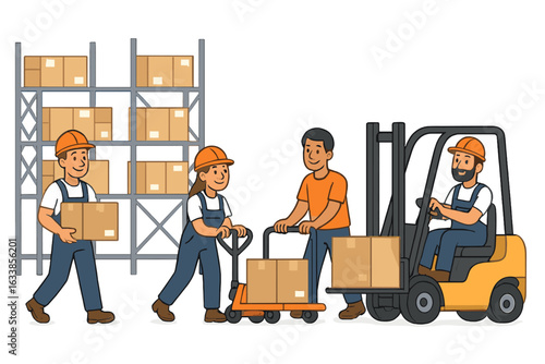 Warehouse logistics teamwork illustration. Factory workers in uniforms with hard hats transporting and stacking boxes, operating forklift and pallet jack, modern supply chain shipping, storage vector