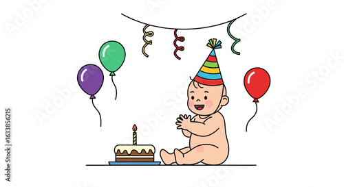 Celebrating First Milestone Adorable Baby Applauding Birthday Cake
