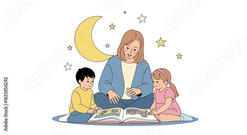 Bedtime Stories With Loving Mother Reading To Children Beneath Moon And Stars