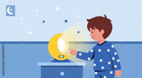 Bedtime Routine Little Boy Turning On a Crescent Moon Night Light