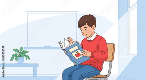 Boy Reading A Book In Classroom Educational Journey Learning