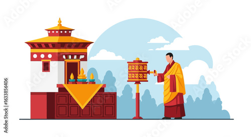 Bhutanese Monk Spinning Prayer Wheel In Front Of Temple Illustration Design