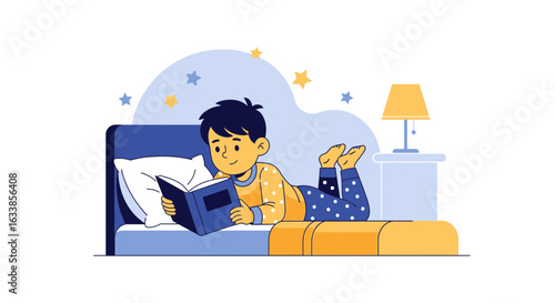 Boy Reading Before Sleep At Night In His Room Cartoon Illustration