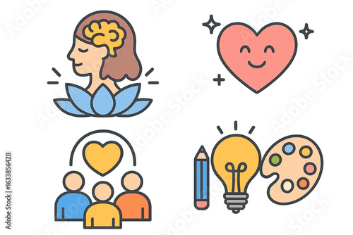 Mental health and wellness concept vector illustration. Mindfulness, emotional intelligence, self-care, community support, creativity, positive psychology, brain and mental wellbeing. Cartoon style.