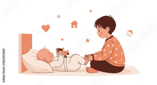 Big Brother Cares For His Little Brother Lying In Bed Holding A Toy