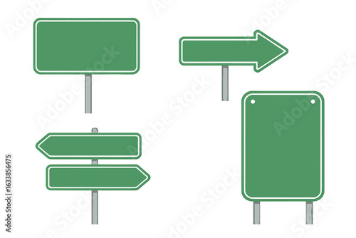 Set of blank green road signs vector illustration. Highway signage with arrows, empty metal traffic signboards, direction pointers. Template street signs mockup. Isolated transport navigation symbols.