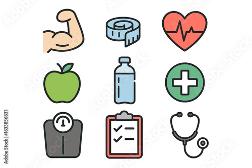 Health and wellness icons set for physical fitness, nutrition, hydration, medical care, healthy lifestyle, weight management, exercise, heart health, doctor checkup, vector cartoon illustration