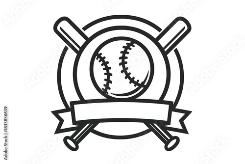 Monochrome baseball emblem vector illustration. Classic baseball logo template with crossed bats, baseball ball, sports badge, blank ribbon for text. Outline icon for team, tournament, club branding.