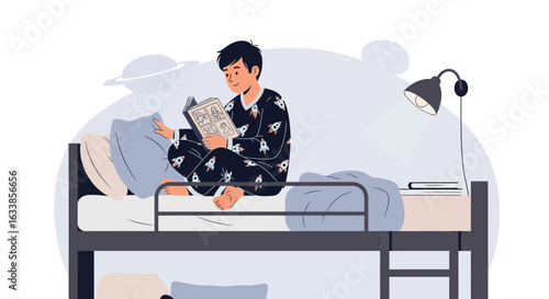 Boy Reading Comic Book On Bunk Bed At Night In Rocket Pajamas Illustration