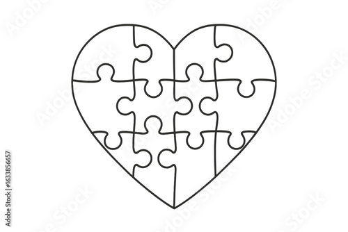 Heart shaped jigsaw puzzle pieces vector outline illustration. Love connection metaphor. Relationship solution. Romantic puzzle heart. Therapy, autism symbol. Linear contour isolated graphic.